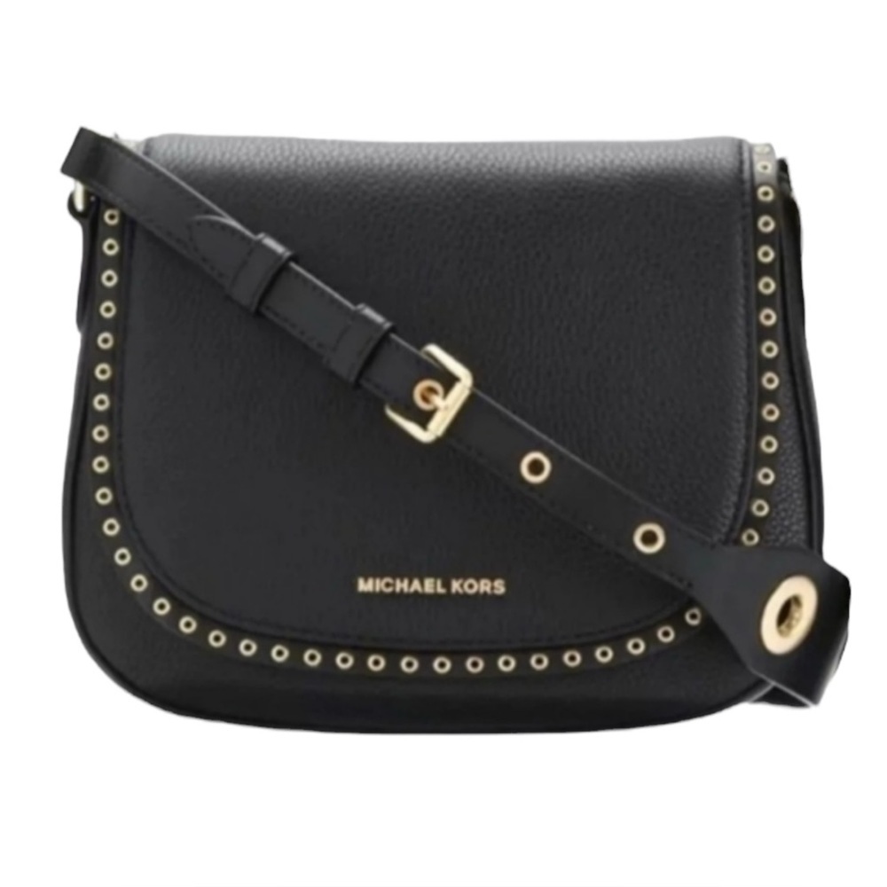 Michael Kors Brooklyn Black Gold Grommet Saddlebag Crossbody Purse Small - Picture 2 of 16